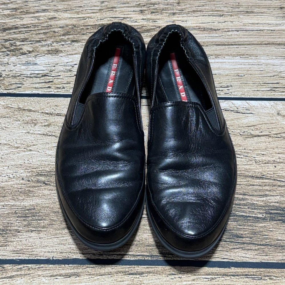 Prada Slip-On Loafers Mens 7 Black Leather Casual Luxury Shoes 4D 2806
